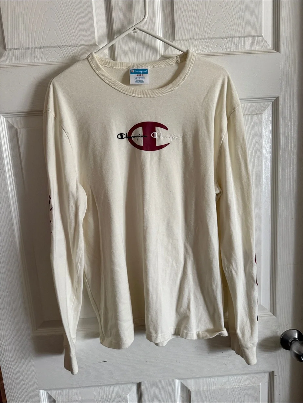 Champion Cream Long Sleeve Shirt with Maroon Logo
